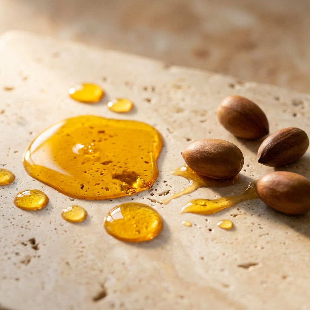 Macro of golden jojoba oil droplets
