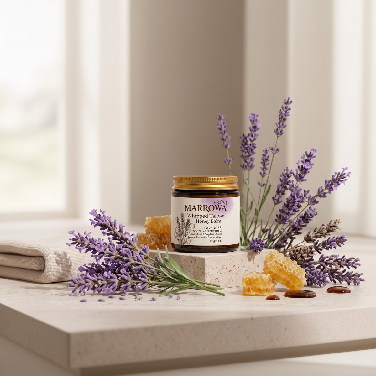 Marrowa whipped tallow and raw honey balm in the lavender option