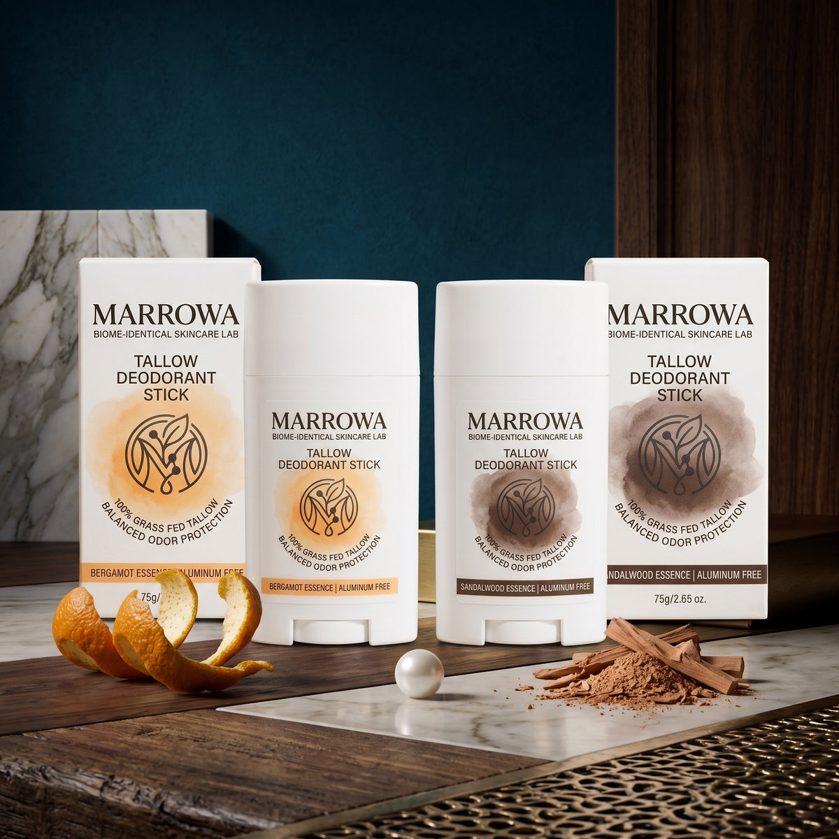 MARROWA aluminum free tallow deodorant stick standing upright on a warm ivory surface