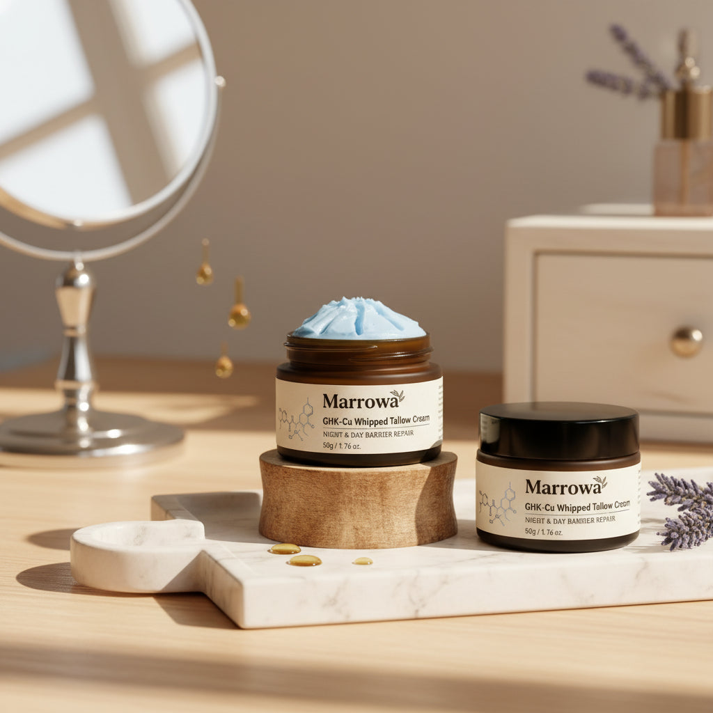 GHK-Cu whipped tallow cream in an open jar, the copper peptide barrier repair step of the ritual