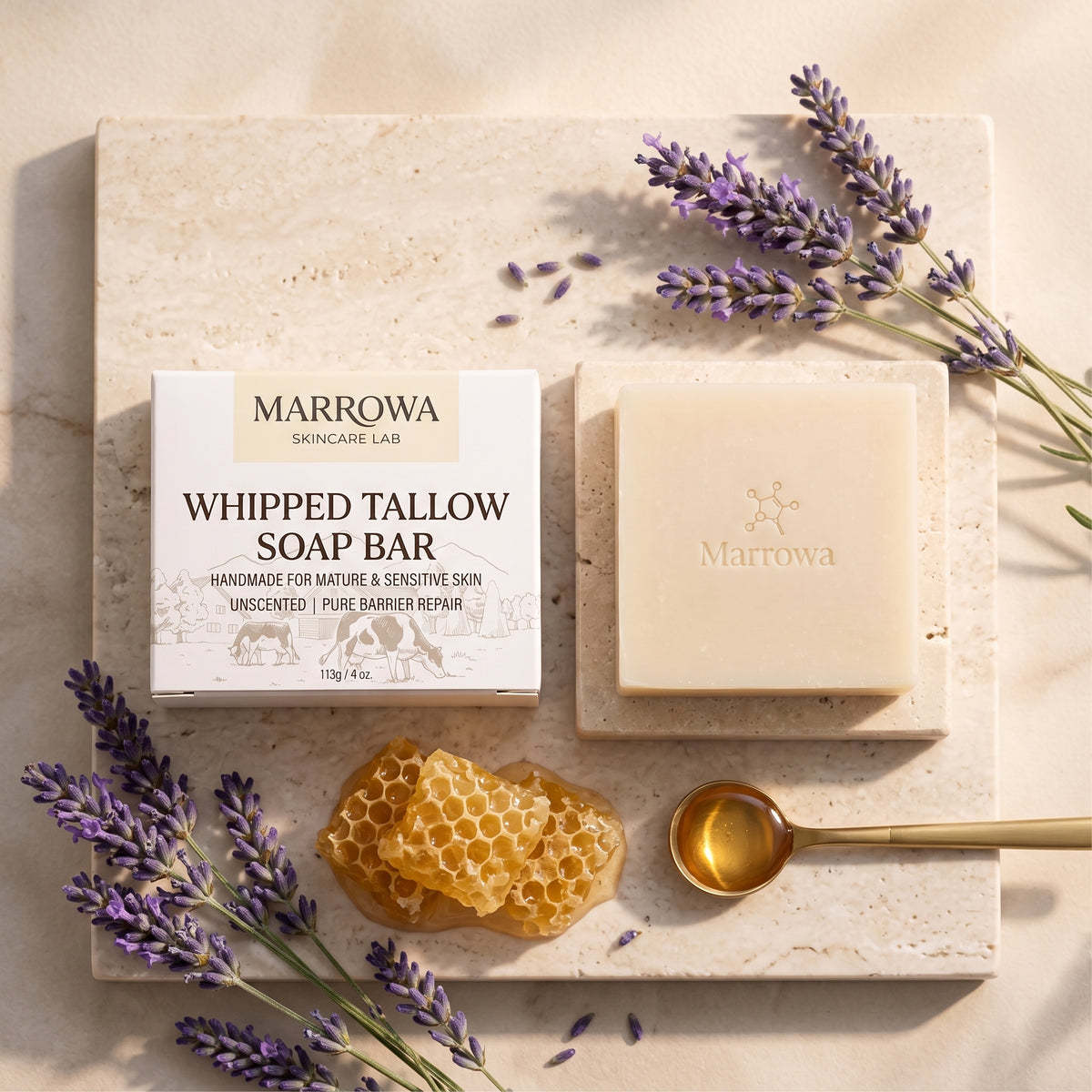 MARROWA Gentle Tallow Cleansing Bar, unscented soap bar on a pale ivory surface