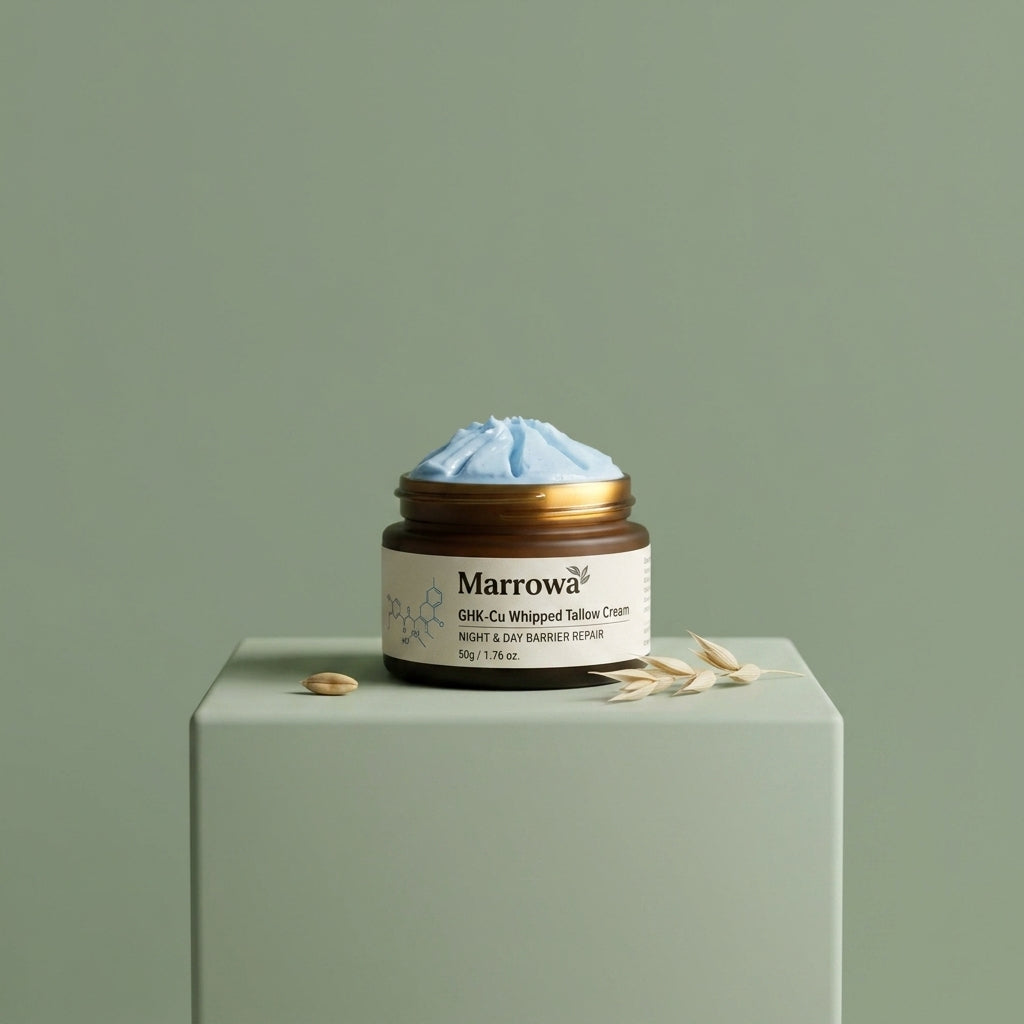 Marrowa GHK-Cu copper peptide whipped tallow cream on a soft sage panel