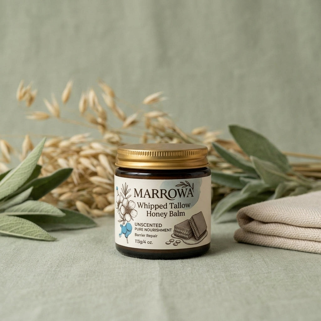 Marrowa whipped tallow and raw honey balm in a pale green setting