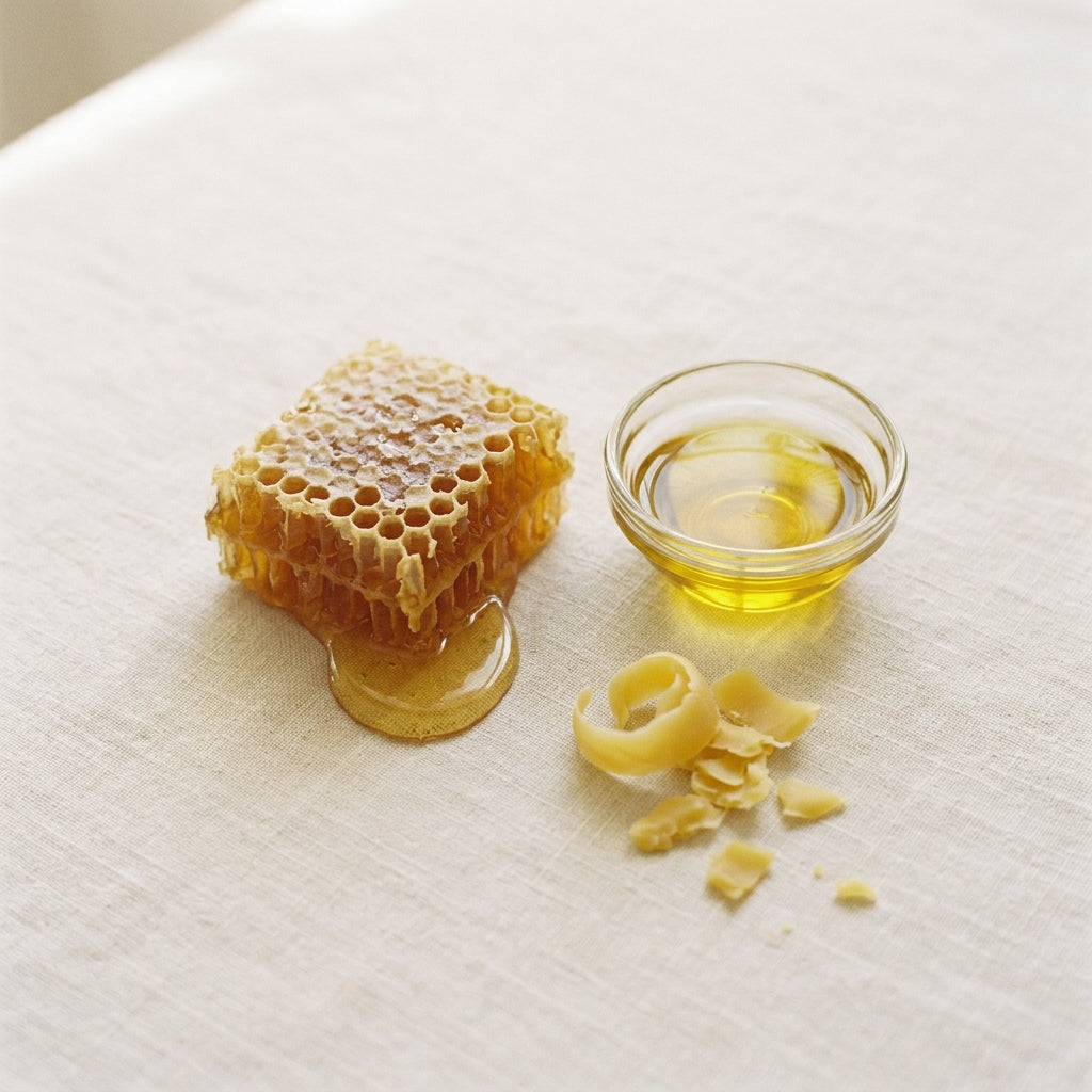 Raw honeycomb and jojoba oil on warm ivory linen